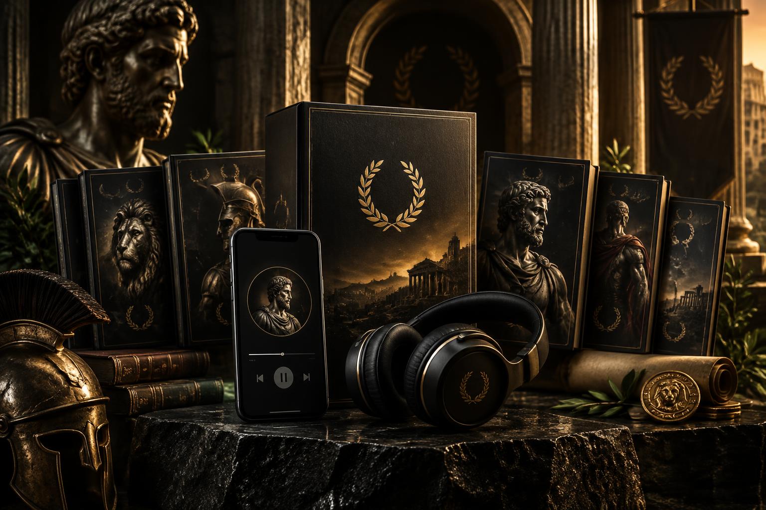 Coleção digital com audiobooks, ebooks, celular e fones de ouvido